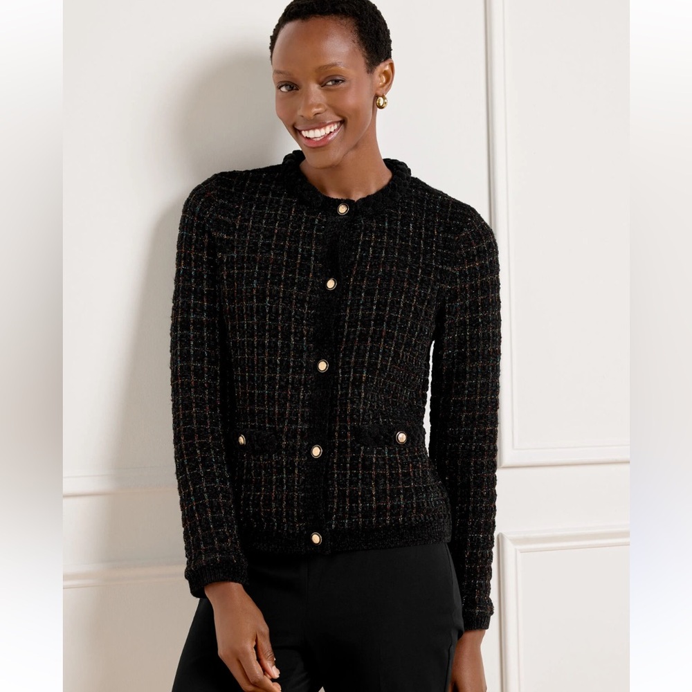 Talbots Black Metallic Thread Chenille Wool Knit Sweater Blazer Office Preppy